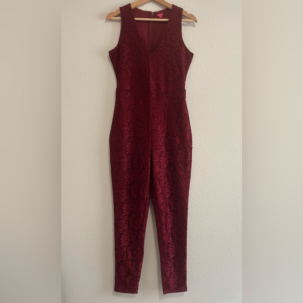 GUESS Elegant Red Lace V neck Jumpsuit Size S